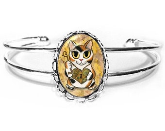 Steampunk Cat Bracelet Calico Cat Valentine Cat Big Eye Fantasy Cat Art Silver Cat Cameo Bracelet 25x18mm Cat Lovers Jewelry Carrie Hawks