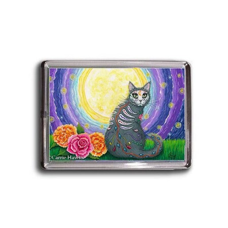 Day of the Dead Katze Mond Magnet Sugar Skull Katze Mexikanisch Celestial All Souls Day Stars Cat Art Magnet Geschenke für Katzenliebhaber Carrie Hawks Bild 1