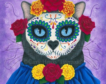Mexican Sugar Skull Cat Day of the Dead Cat Art Black Cat Painting All Souls Day Gothic Cat Art Print Cat Lovers Art Carrie Hawks