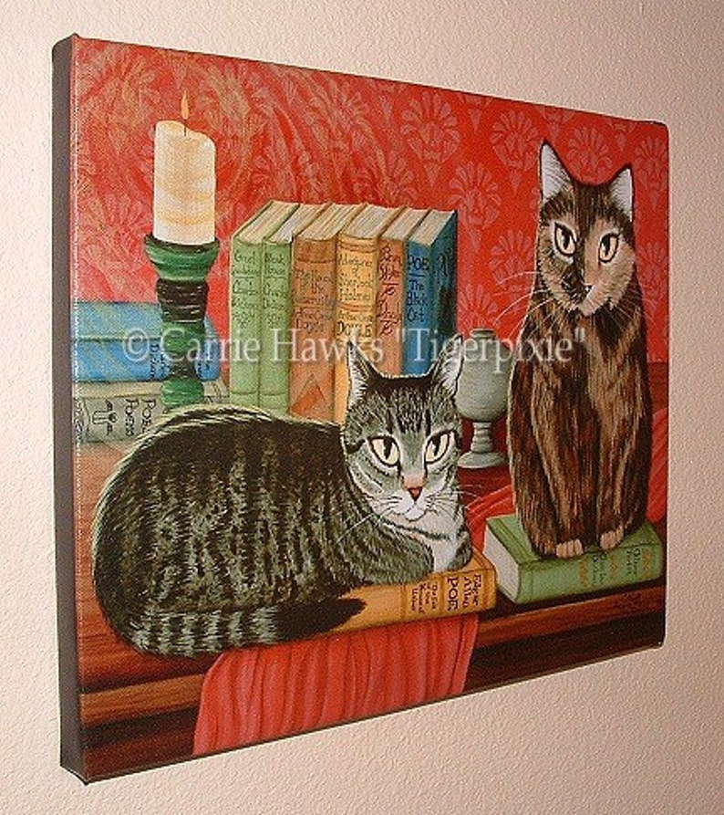 Library Cats Art Cat Painting Tabby Cat Tortoiseshell Cat Books Literary Cat Art Limited Edition Canvas Print 11x14 Art For Cat Lover image 2