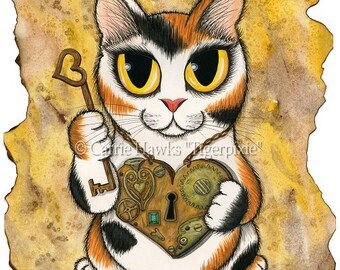 Steampunk Cat Valentine Kitten Victorian Cat Painting Chibi Cat Heart Locket Key Big Eye Whimsical Cat Art Print Cat Lovers