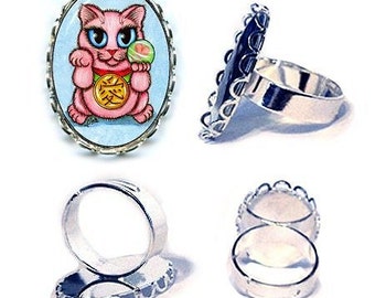 Pink Lucky Cat Ring Maneki Neko Love Cat Silver Cat Ring Japanese Cat Art Cameo Ring 25x18mm Gift for Cat Lovers Jewelry Carrie Hawks