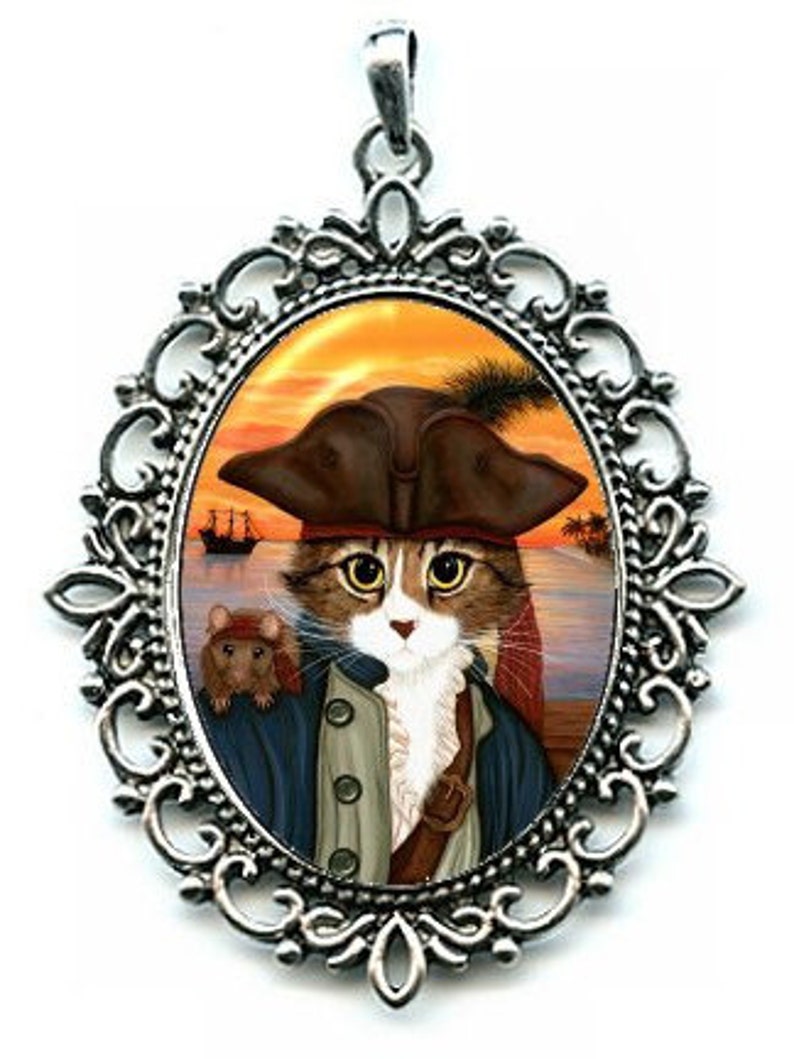 Pirate Cat Necklace Pirate Rat Captain Cat Cameo Pendant Ship Sunset 40x30mm Gift for Cat Lovers Jewelry Carrie Hawks image 1