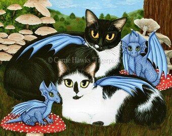 Arte de gatos, dragones, pintura de gatos, esmoquin, gatos, hongos, arte de fantasía de gatos, impresión de arte en lienzo de edición limitada, 14 x 11, arte para amantes de los gatos, Carrie Hawks