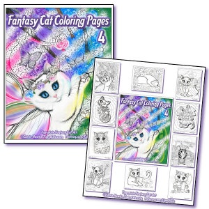 May include: A set of 12 coloring pages featuring fantasy cats with wings, flowers, and other whimsical details. The pages are titled "Fantasy Cat Coloring Pages 4".