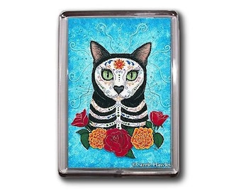 Cat Day of the Dead Magnet Sugar Skull Cat Mexican Gothic Fantasy Art Magnet Gifts For Cat Lovers Carrie Hawks