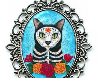 Day of the Dead Cat Necklace Gothic Mexican Sugar Skull Cat Art Cameo Pendant 40x30mm Gift for Cat Lovers Jewelry Carrie Hawks
