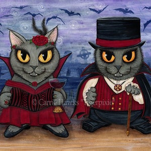May include: A whimsical illustration of two gray cats dressed as vampires. One cat wears a red dress and holds a wine glass, while the other wears a top hat and cape. The background features a graveyard and bats.