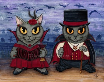 Arte de gato vampiro Gatos Cementerio gótico Cementerio de Halloween Impresión de arte de gato de fantasía Arte para amantes de los gatos Regalo Carrie Hawks
