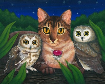 Cat Owls Art Cat Painting Saw Whet Owl Abyssinian Cat Big Eye Art Little Owl Portrait Fantasy Cat Art Print Cat Lovers Art Carrie Hawks