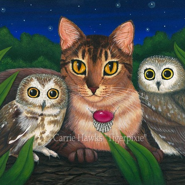 Cat Owls Art Cat Painting Saw Whet Owl Abyssinian Cat Big Eye Art Little Owl Portrait Fantasy Cat Art Print Cat Lovers Art Carrie Hawks