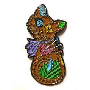 Voodoo Cat Doll Enamel Pin Patchwork Cat Lapel Pin Cushion Cat Doll Brooch Button Eyes Cat Rag Doll Art Badge Cat Lovers Jewelry image 1
