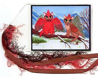 Marcapáginas con forma de gato cardenal, pájaro rojo, gatos con alas, marcador de gatos de nieve en invierno, minimarcapáginas con arte de gato de fantasía, regalo para amantes de los gatos, Carrie Hawks