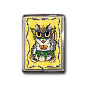 Mardi Gras Cat Magnet New Orleans Cat Magnet NOLA Mardi Gras Mask Beads Big Eye Chibi Cat Framed Magnet Gifts For Cat Lovers Carrie Hawks image 1