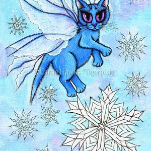 May include: A whimsical illustration of a blue cat with fairy wings and purple eyes, floating among snowflakes. The artwork is set against a light blue and purple background, with the artist's signature and the year 2005 visible.