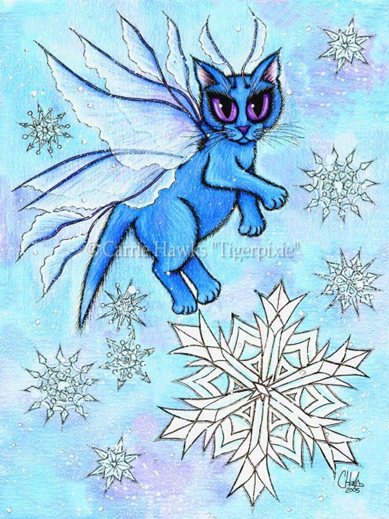 May include: A whimsical illustration of a blue cat with fairy wings and purple eyes, floating among snowflakes. The artwork is set against a light blue and purple background, with the artist's signature and the year 2005 visible.