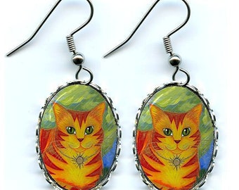 Sun Cat Earrings Rajah Golden Sun Fantasy Cat Art Cameo Earrings 25x18mm Gift for Cat Lovers Jewelry Carrie Hawks