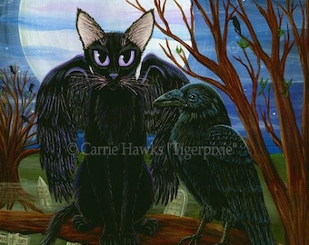 Black Cat Art Raven Cat Painting Goth Art Moon Crow Cemetery Gothic Cat Dark Cat Art Print Cat Lovers Art Carrie Hawks