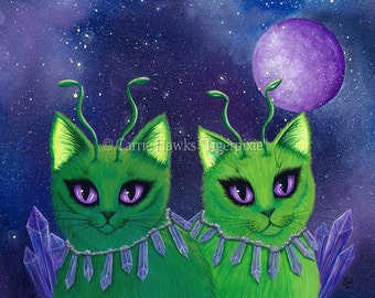 Alien Cats Art Cat Painting Space Cats Green Alien Cat Purple Sci-fi Art Crystals Fantasy Cat Art Print Cat Lovers Art Carrie Hawks
