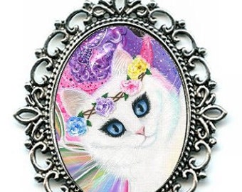 White Fairy Cat Necklace Rainbow Fairy Cat Cameo Pendant 40x30mm Gift for Cat Lovers Jewelry Carrie Hawks