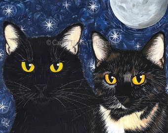 Black Cat Painting Black Cat Art Tortoiseshell Cat Moon Stars Gothic Cat Portrait Limited Edition Canvas Print 11x14 Cat Lovers Art