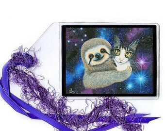 Sloth and Cat Bookmark Three Toed Sloth Tabby Cat Bookmarker Galaxy Stars Space Sloth Art Fantasy Cat Gift Cat Lovers Art Carrie Hawks