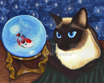Siamese Cat Art Seal Point Siamese Cat Crystal Ball Koi Oriental Fortune Teller Fantasy Cat Art Print Cat Lovers Art Carrie Hawks