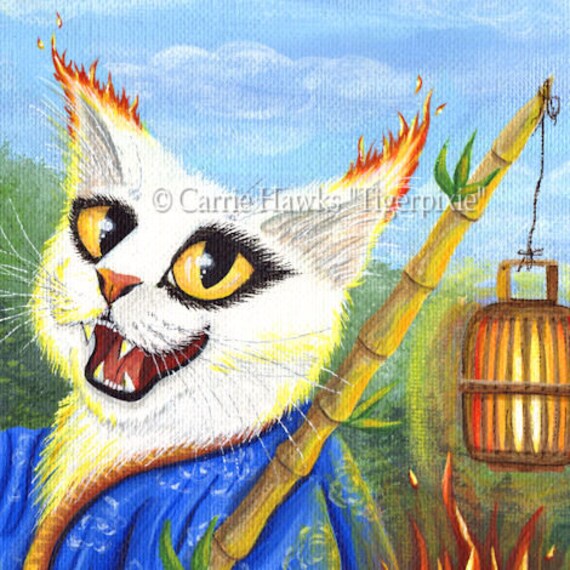 Bakeneko Nekomata Cat Art Original Painting Japanese Cat Ace of