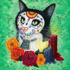 Day of the Dead Cat Art Cat Painting Candles Gothic Mexican Sugar Skull Cat Fantasy Cat Art Print Cat Lovers Art Carrie Hawks image 1