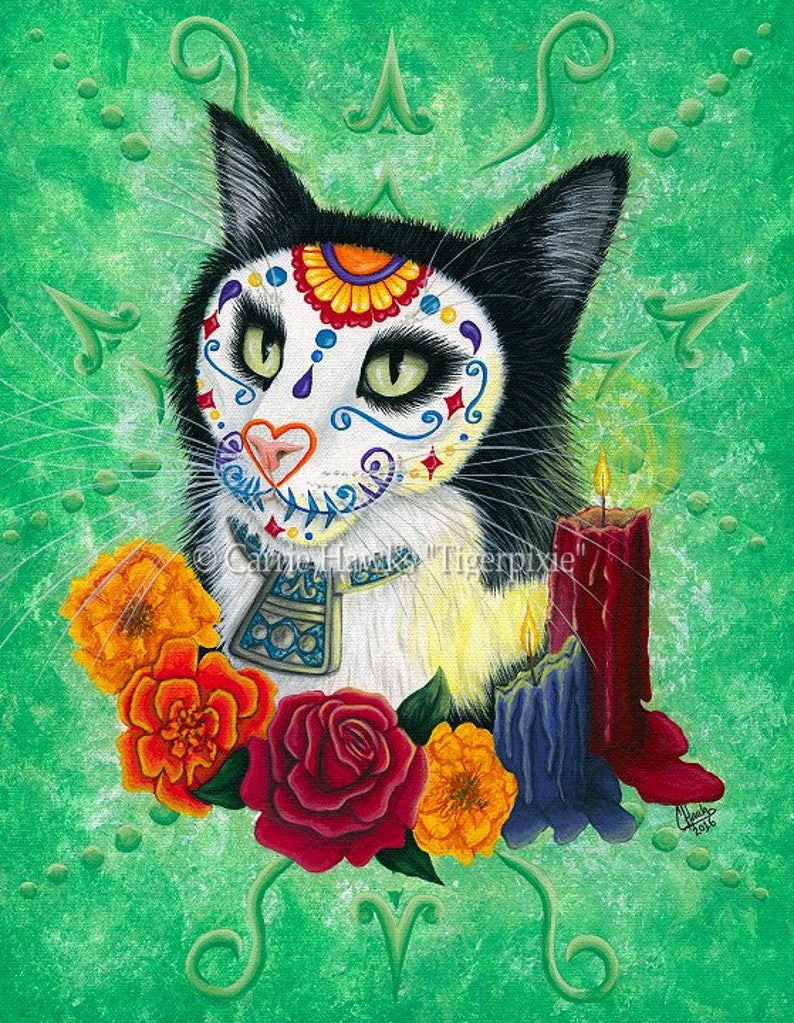 Day of the Dead Cat Art Cat Painting Candles Gothic Mexican Sugar Skull Cat Fantasy Cat Art Print Cat Lovers Art Carrie Hawks image 1