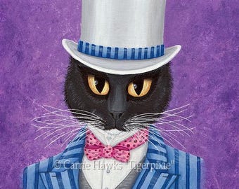 Victorian Cat Gentleman Painting Fancy Tuxedo Cat Dapper Cat Top Hat and Suit Fantasy Cat Art Print Cat Lovers Art Carrie Hawks