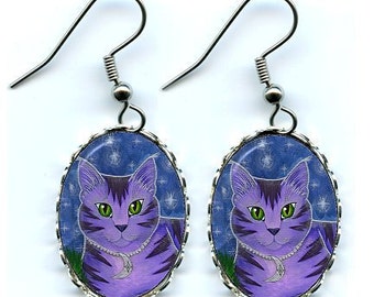 Moon Cat Earrings Astra Purple Cat Celestial Cat Stars Fantasy Cat Art Cameo Earrings 25x18mm Gift for Cat Lovers Jewelry Carrie Hawks