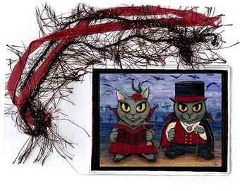 Vampire Cat Bookmarker Gothic Cats Bookmark Graveyard Cats Party Fantasy Cat Art Mini Bookmark Cat Lovers Gift Carrie Hawks