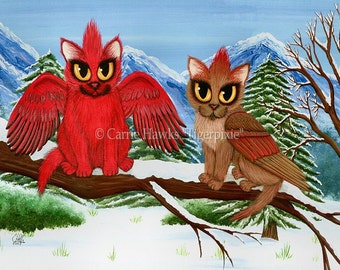 Cardinal Cats Art Cat Painting Red Bird Snow Cats Winged Cat Fantasy Cat Art Limited Edition Canvas Print 11x14 Art For Cat Lover