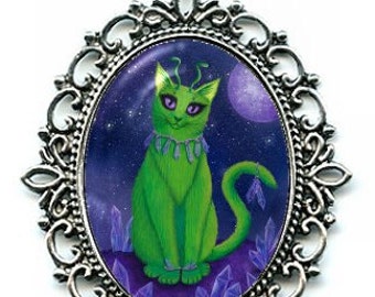 Alien Cat Necklace Space Cat Art Purple Crystals Cameo Pendant Silver Cat Necklace 40x30mm Gift for Cat Lovers Jewelry Carrie Hawks