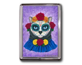 Cat Day of the Dead Magnet Sugar Skull Cat Mexican Gothic Fantasy Art Magnet Gifts For Cat Lovers Carrie Hawks