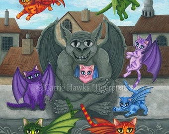 Gargoyle Art Whimsical Cat Painting Flying Kitten Art Guardian Gargoyle Winged Cats Fantasy Cat Art Print Cat Lovers Art Carrie Hawks