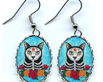 Day of the Dead Cat Earrings Mexican Sugar Skull Gothic Cat Art Cameo Earrings 25x18mm Gift for Cat Lovers Jewelry Carrie Hawks