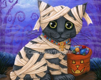 Halloween Mumie Katze Malerei Herbst Herbst Kürbis Kürbis Kürbisbildnois Bast Katze Fantasy Katze Kunstdruck Katzenliebhaber Kunst Carrie Hawks