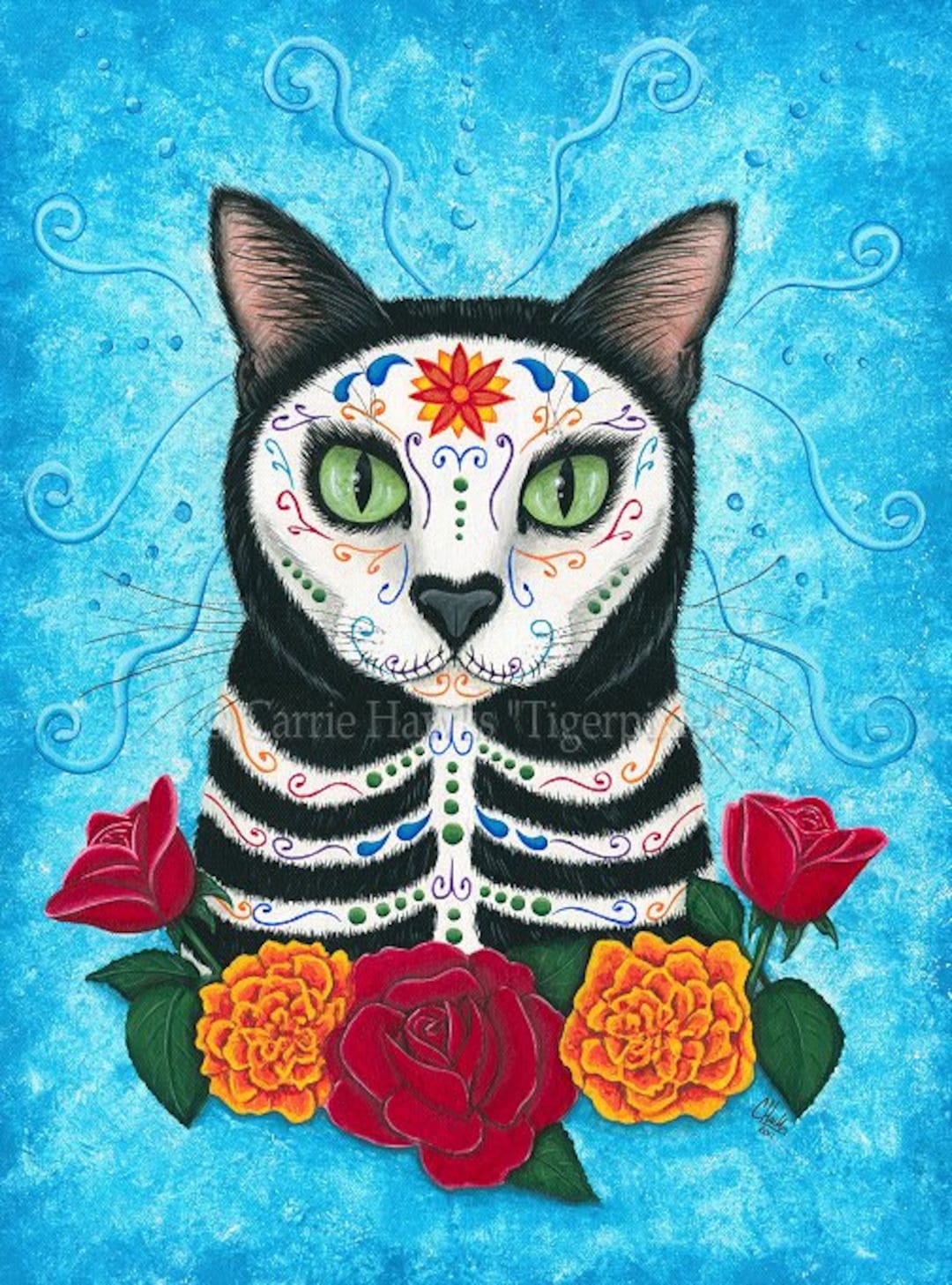 Arte de gato del Día de los Muertos, pintura de gato, calavera de azúcar  gótica mexicana, impresión de arte de gato de fantasía, arte para amantes  de los gatos, Carrie Hawks -, image size:1080x1457