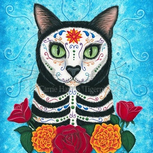 Art de chat du jour des morts, peinture gothique mexicaine, crâne de sucre, chat, impression d'art chat fantastique, art amoureux des chats, art Carrie Hawks