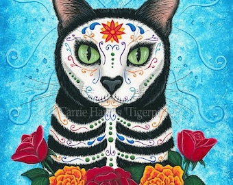 Day of the Dead Cat Art Cat Painting Gothic Mexican Sugar Skull Cat Fantasy Cat Art Print Cat Lovers Art Carrie Hawks