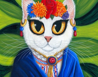 Senorita Cat Art Painting White Cat Spanish Cat Mexican Ca Tiara Big Eye Fantasy Cat Art Original Canvas Painting 10x10 Cat Lovers