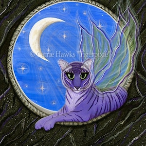 May include: A purple cat with green eyes and a crescent moon behind it. The cat has wings and is sitting in a circle with a blue background and stars. The text "Carrie Hawks "Tigerpixie" is in the circle.