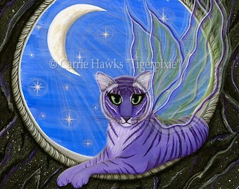 Cat Painting Tiger Fairy Cat Artwork Purple Tiger Pixie Moon Gothic Fantasy Big Eye Art Fantasy Cat Art Print Cat Lovers Art