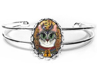 Egyptian Bast Cat Bracelet Egypt Bastet Goddess Cat Fantasy Cat Silver Art Cat Cameo Bracelet 25x18mm Gift for Cat Lovers Jewelry