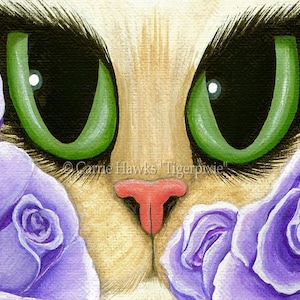 Cat Fantasy Art Cat Painting Lavender Roses Green Eyes Fantasy Cat Art Limited Edition Canvas Print 11x14 Art For Cat Lover Carrie Hawks image 1