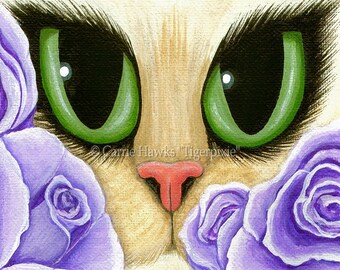 Cat Fantasy Art Cat Painting Lavender Roses Green Eyes Fantasy Cat Art Limited Edition Canvas Print 11x14 Art For Cat Lover Carrie Hawks