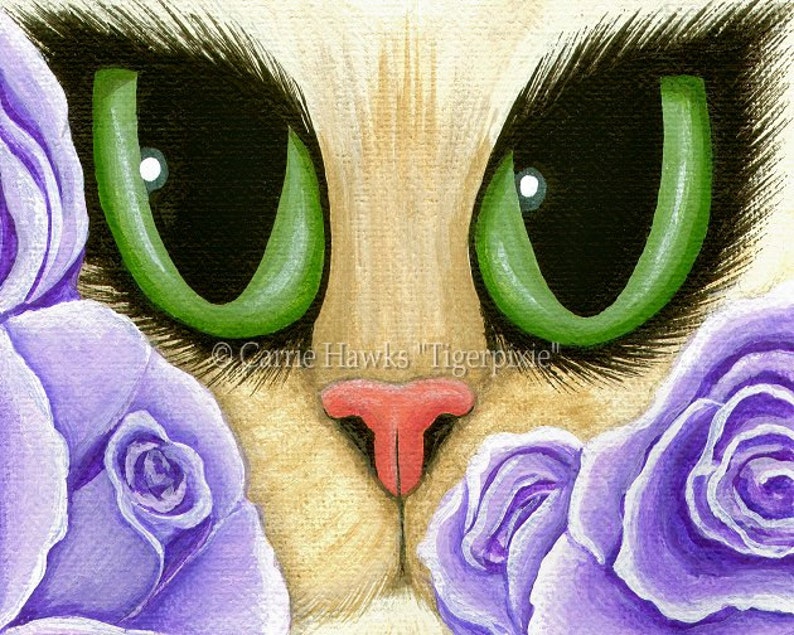Cat Fantasy Art Cat Painting Lavender Roses Green Eyes Fantasy Cat Art Limited Edition Canvas Print 11x14 Art For Cat Lover Carrie Hawks image 1