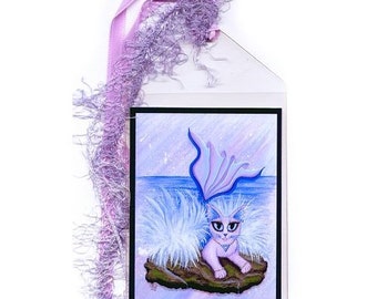 Mermaid Cat Bookmark Elemental Water Cat Bookmarker Purple Mercat Big Eye Cat Fantasy Cat Art Mini Bookmark Carrie Hawks